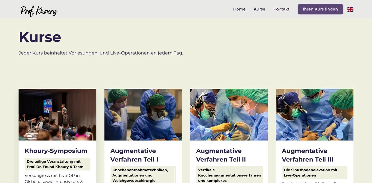 Screenshot of the course overview on profkhoury.com (German page)